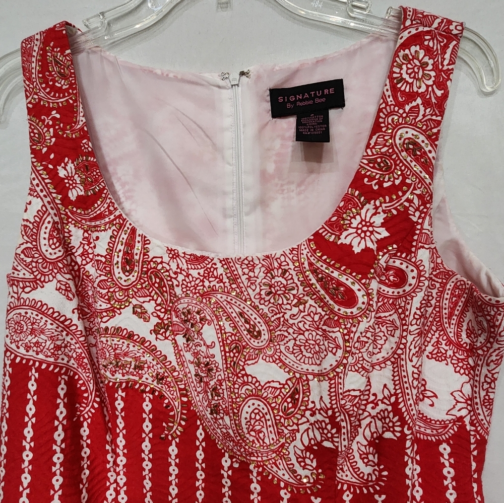 Signature by Robbie Bee red/white sleeveless ornate cotton dress, size 8